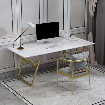 Modern White Desk with Marble Top & Gold Metal Frame-Desks,Furniture,Office Furniture